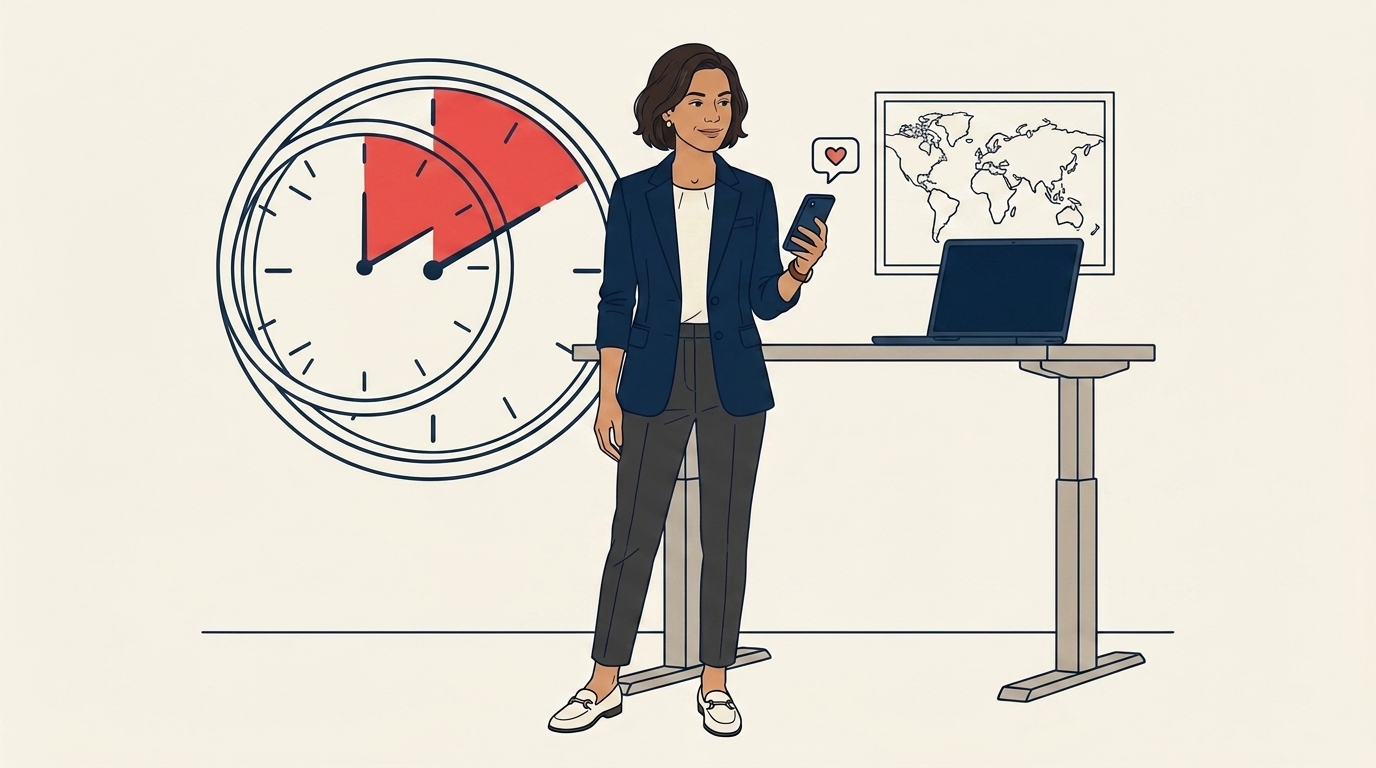 Maya glancing at her phone with a calm expression, a clock icon nearby showing a 2-hour window, signaling her DM response window