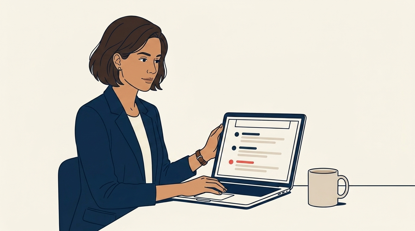 Maya at her laptop with a job description document on screen, her hand mid-edit, three short bullet points visible in navy linework
