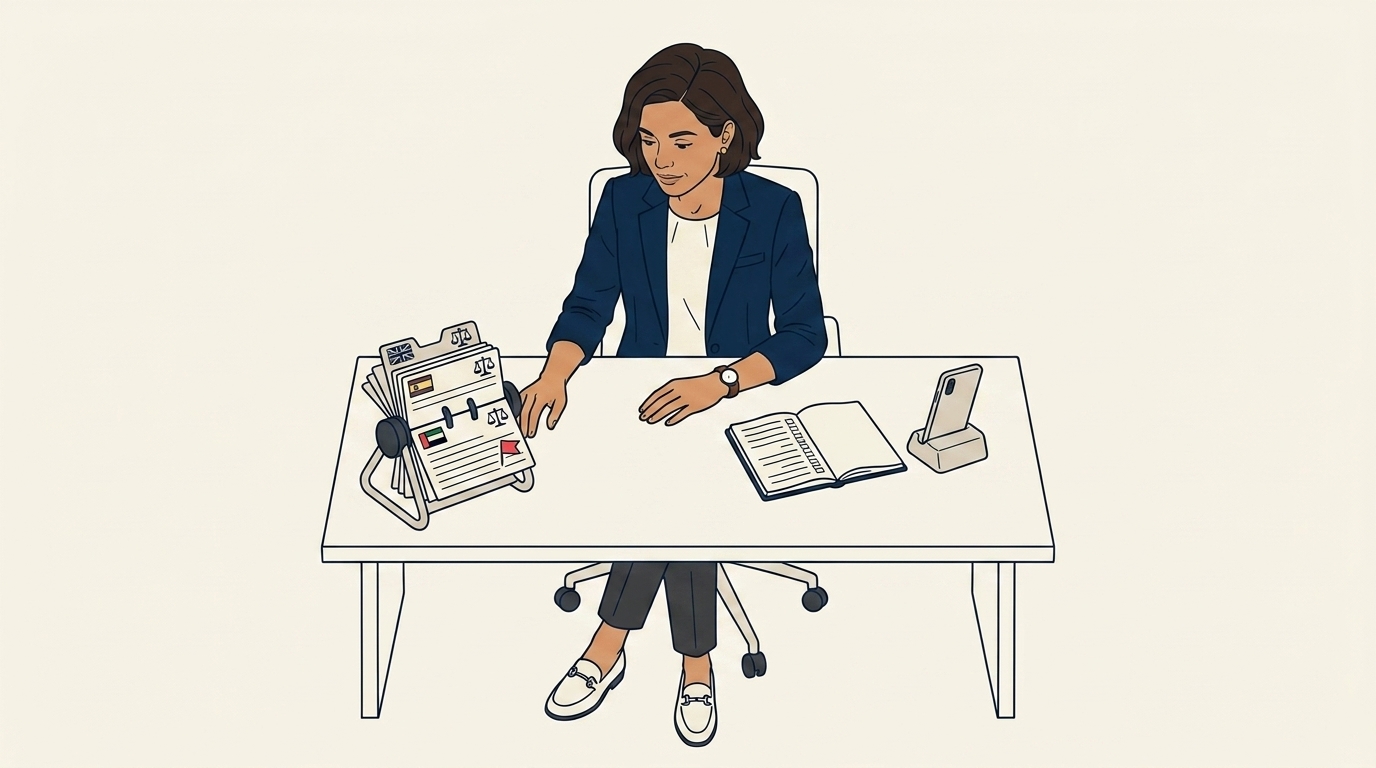 Maya at her office with a small Rolodex or contact list on her desk, three named card visible labeled by country, calm methodical expression