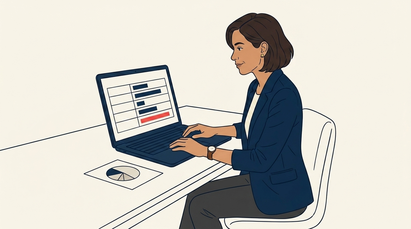 Maya at her laptop with a spreadsheet open showing four rows, one per model, with average margin percentages visible in clean navy figures