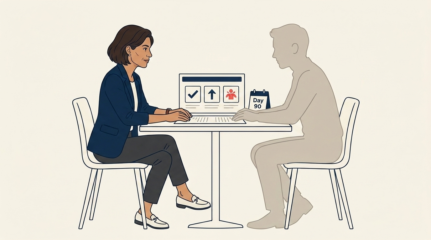 Maya at a one-on-one mid-quarter with the new manager, both reviewing a printed dashboard with three short metrics, calm constructive mood