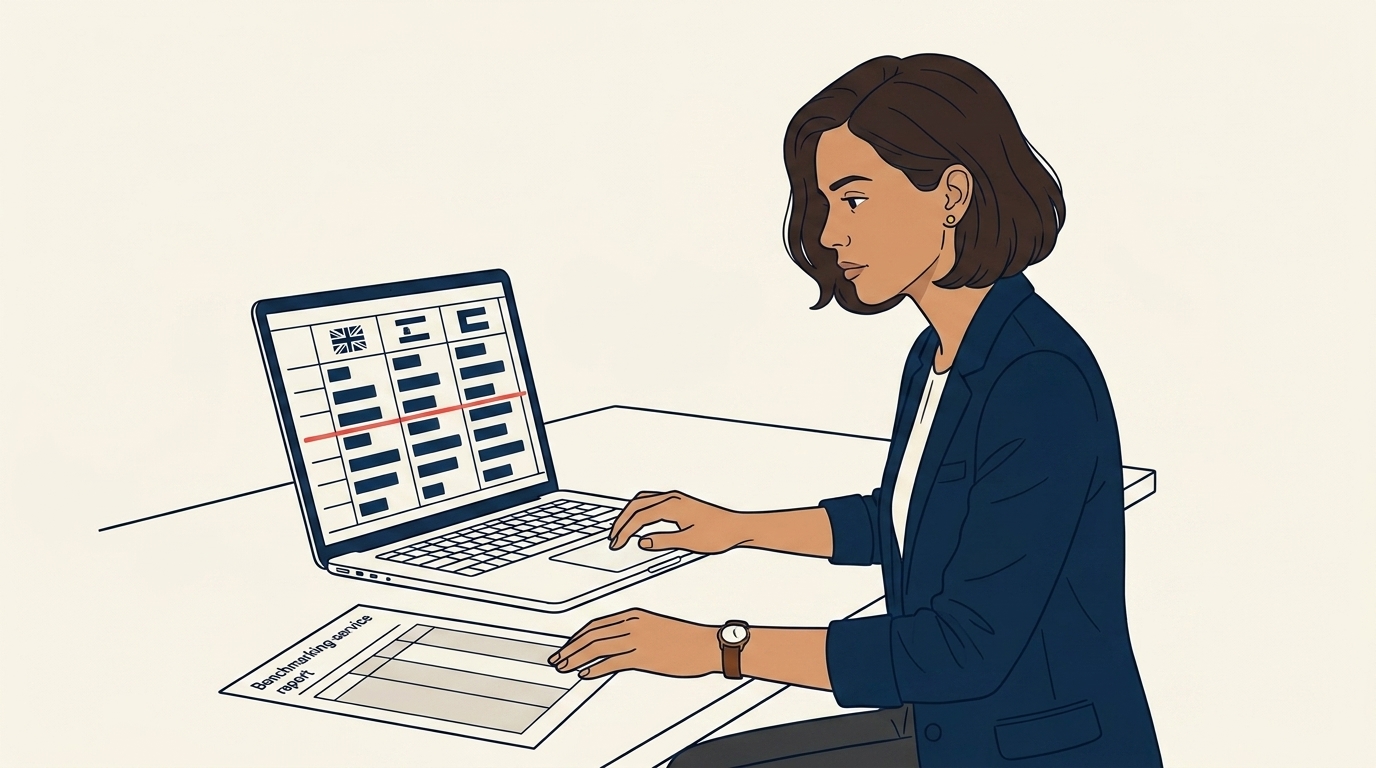 Maya at her desk with a multi-column spreadsheet showing roles, country, and a normalized compensation index, focused considered expression