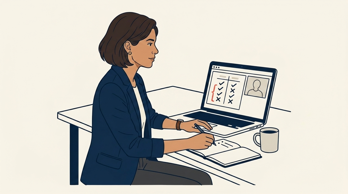 Maya in a video call with a PEO sales rep on screen, Maya at her desk taking notes in a notebook, considered listening expression