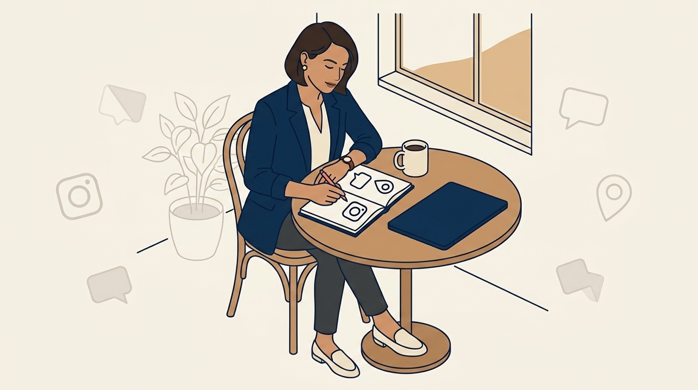 Maya at a coffee shop with her notebook open, writing out three channel names with short notes beside each, a coffee mug off to the side