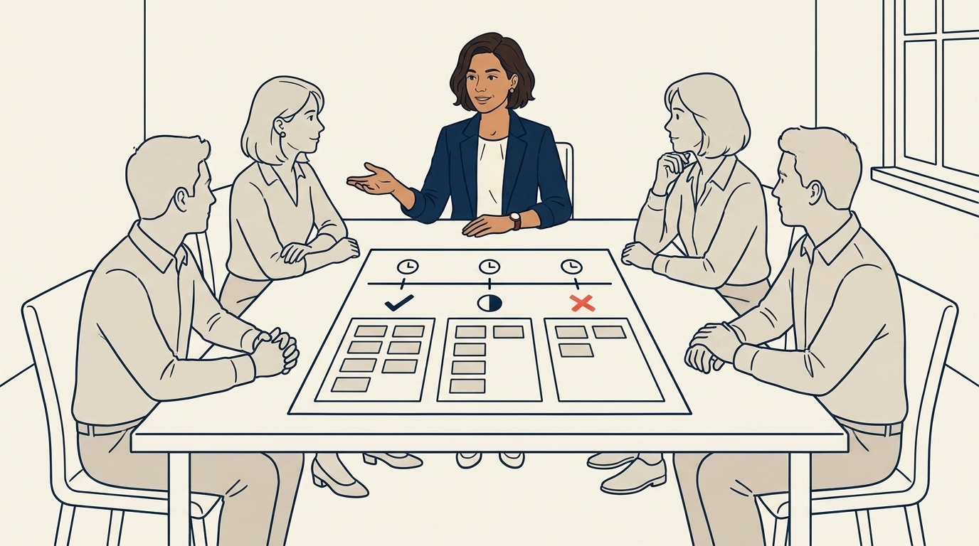 Maya in a postmortem meeting with five colleagues around a table, a printed document titled "Incident Review" between them, calm constructive mood