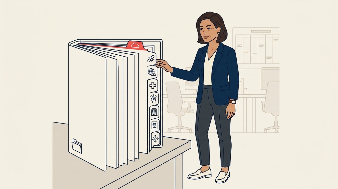 Maya at her office reviewing a binder labeled "Crisis Pre-Built Assets," tabs visible for templates, contact lists, and supplier playbooks