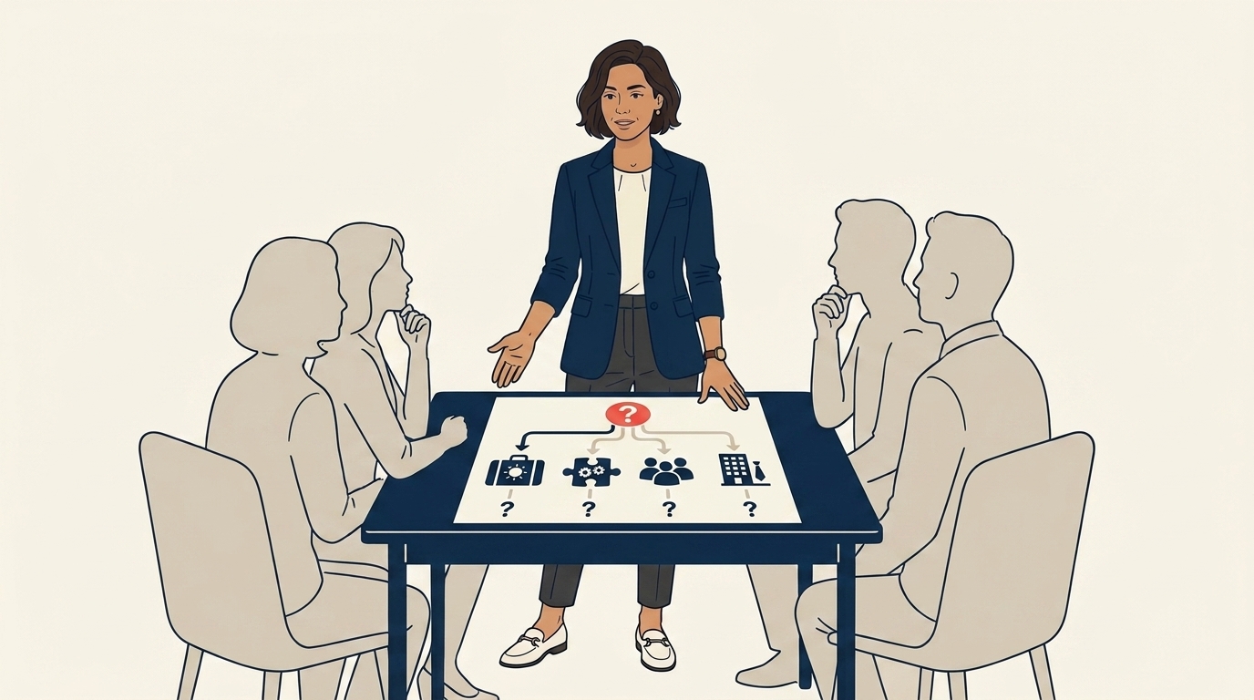 Maya at a small training session with three agents, a printed cheat sheet visible on the table titled with three columns, calm explanation