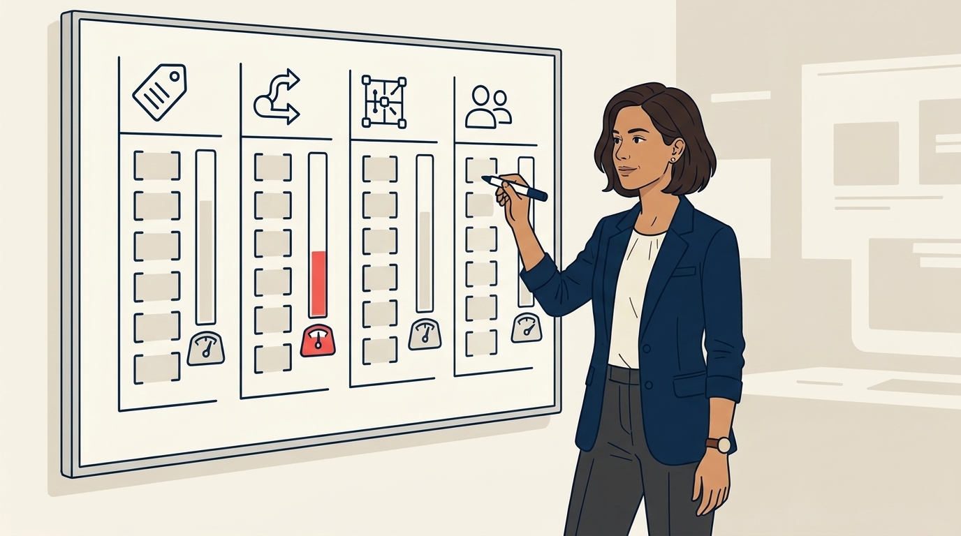 Maya at a whiteboard sketching a small evaluation rubric, four columns each with a weighted score visible in clean linework