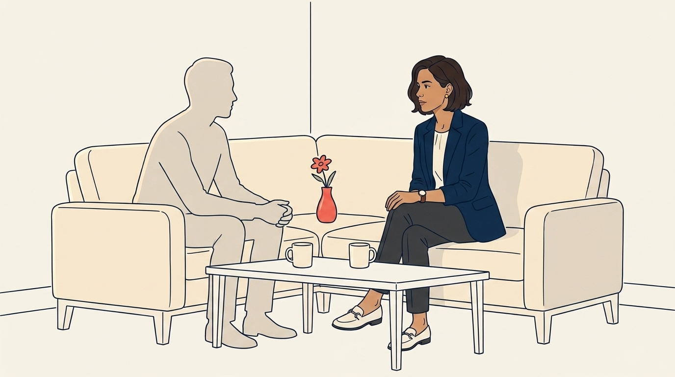 Maya in a one-on-one with the promoted producer, both seated at her office couch in honest conversation, no laptops, the mood difficult but caring