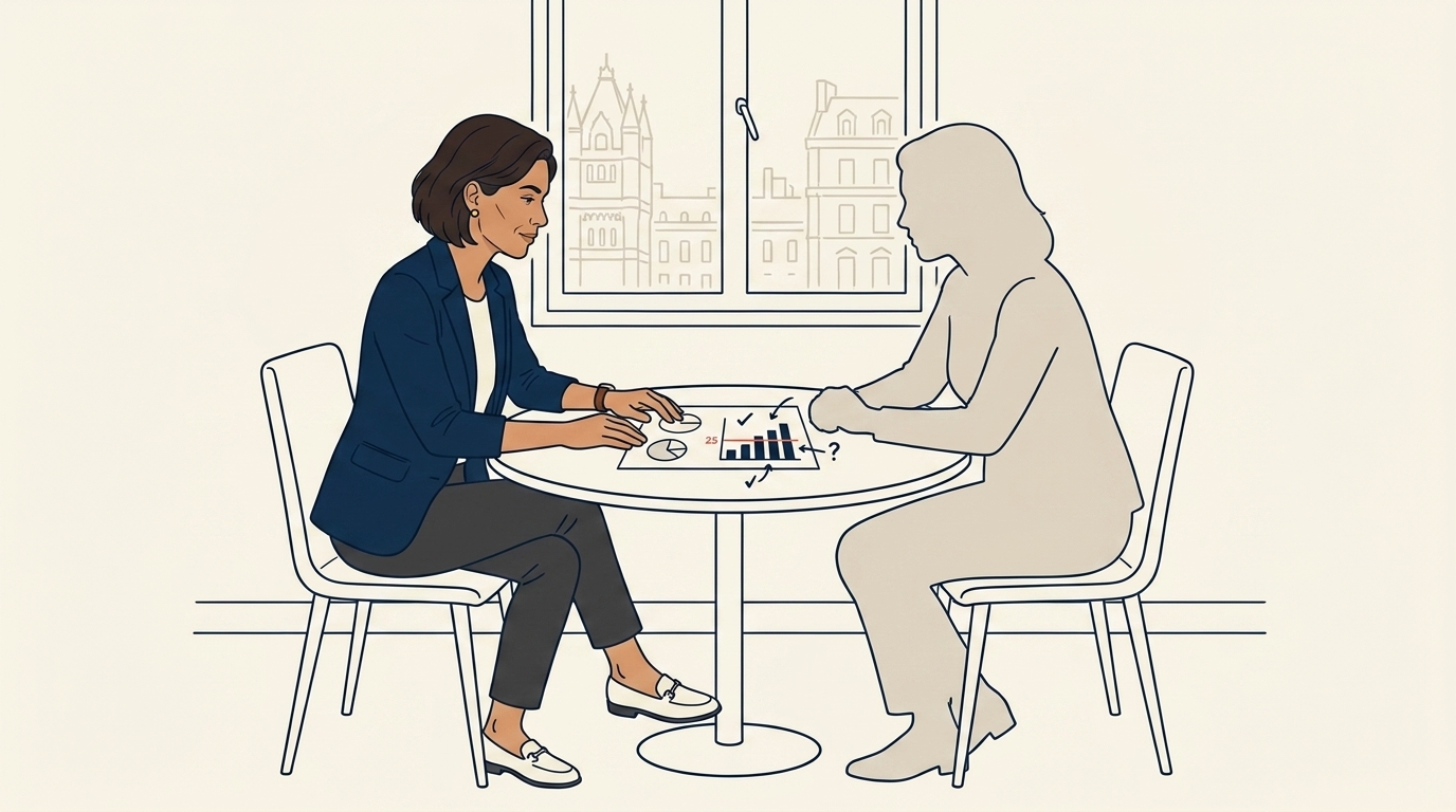 Maya at her office in a one-on-one with a regional HR lead, both reviewing a workforce plan, calm planning meeting