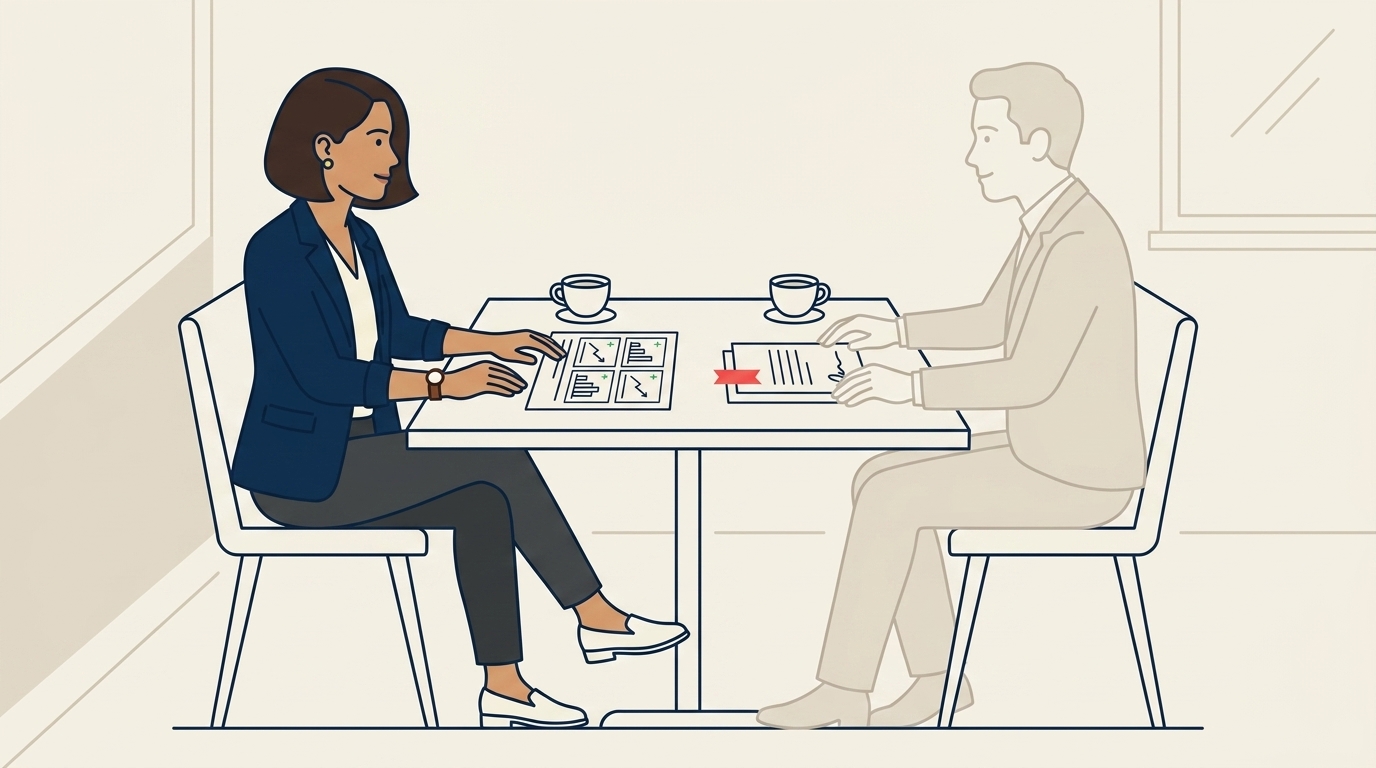 Maya in a calm renewal review meeting with a corporate procurement contact, both reviewing a year-end account performance summary, formal but warm mood