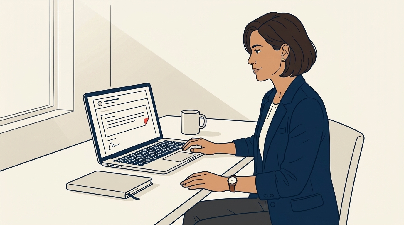 Maya at her desk reading an email on her laptop screen, the polite rejection visible as a short paragraph, late afternoon light, calm absorbing-the-news expression