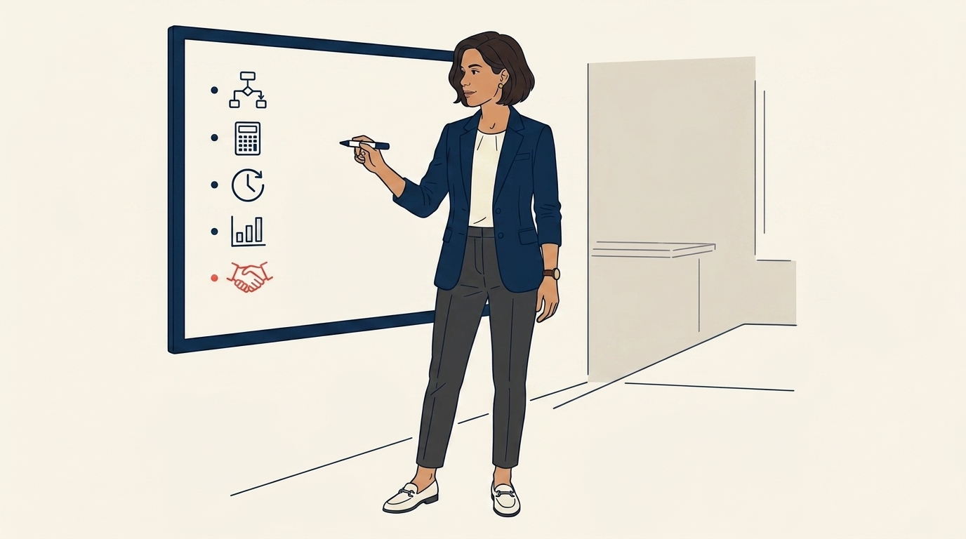 Maya at a whiteboard listing five short responsibilities in clean navy bullets, marker in hand, mid-explanation