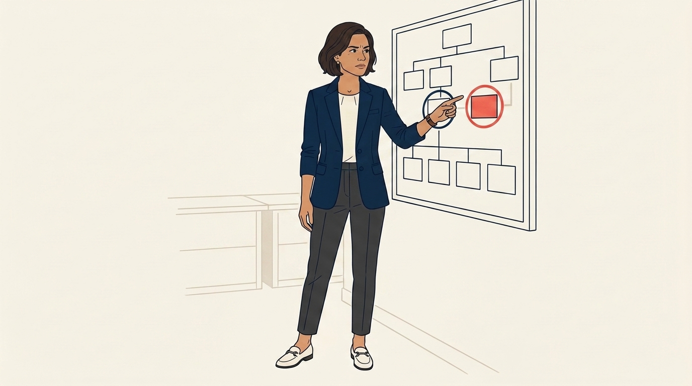 Maya at the same pin-board org chart from the hero, but now two boxes are highlighted on the right side, Maya's hand pointing at the second one, planning ahead