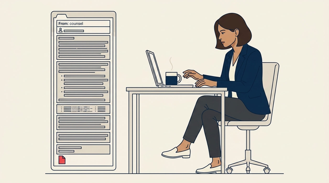 Maya at her laptop reading a long legal email, expression careful and tense, a coffee mug going cold beside her