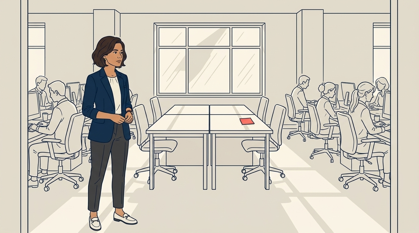 Maya at her office reviewing two empty desks, the same agency floor visible behind, considered expression