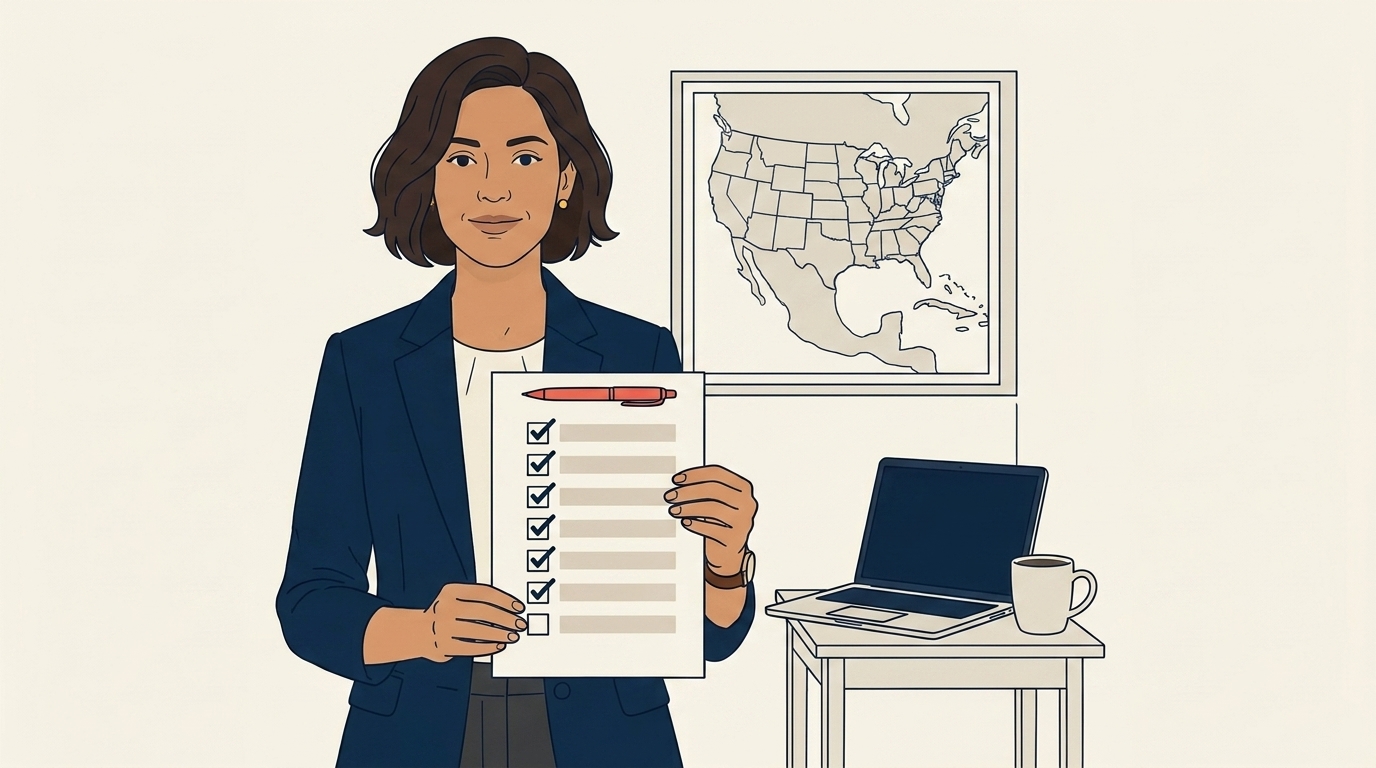 Maya holding a printed to-do list with 7 checked items, a calm confident smile, the sense that the whole thing took one weekend to set up
