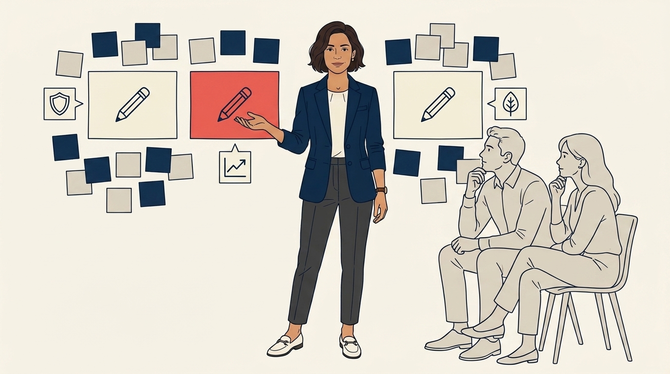Maya in a small meeting with the corporate lead and another colleague, three sticky notes visible on a wall labeled with short phrases, planning posture