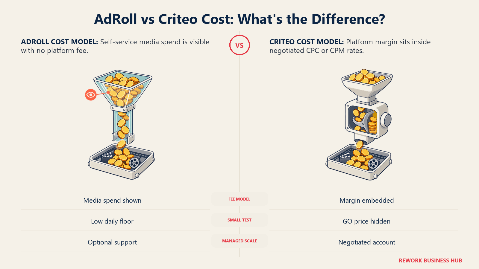Transparent AdRoll self-service media budget compared with Criteo margin embedded inside negotiated media rates