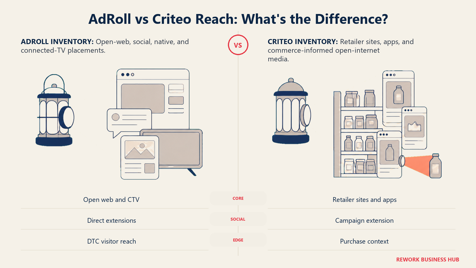 AdRoll open-web social and connected-TV reach compared with Criteo retailer sites apps and commerce-informed media