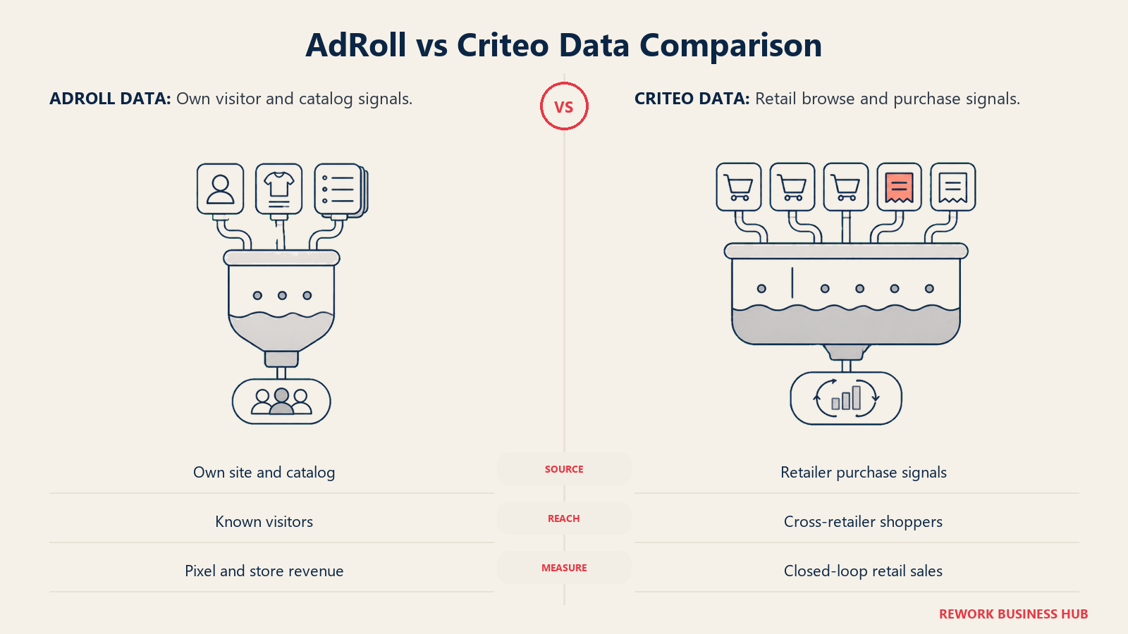 AdRoll first-party site and catalog data compared with Criteo retailer browsing and purchase data