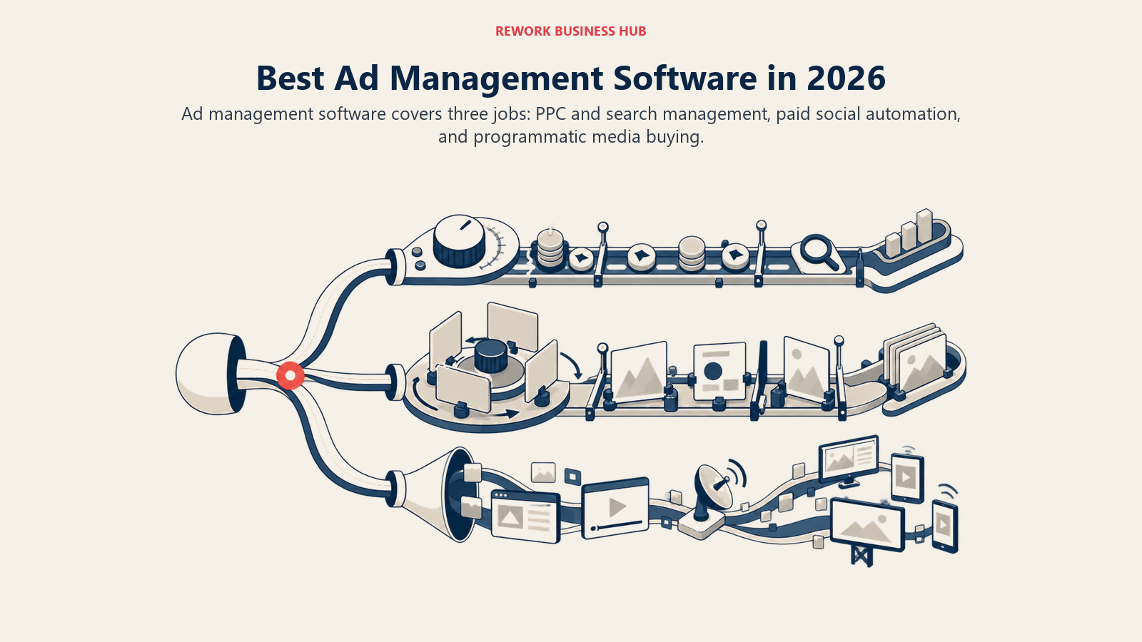 Ad management software divided into PPC, paid social, and programmatic media buying lanes