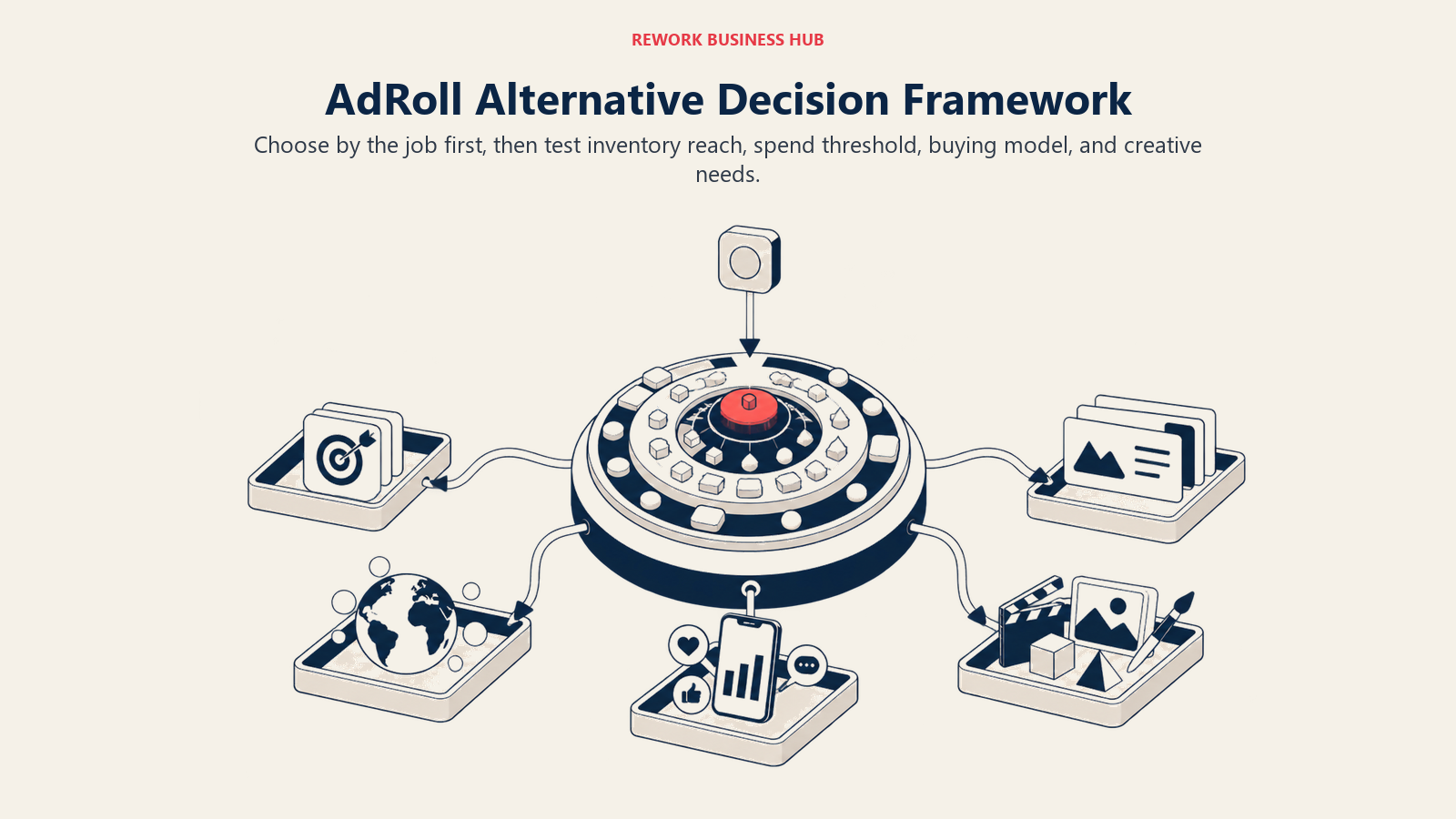 AdRoll alternative decision framework shown as a selector for job, inventory, spend, and creative needs