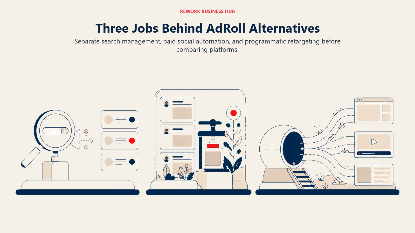 Three jobs behind AdRoll alternatives shown as separate search, paid social, and programmatic advertising workstations