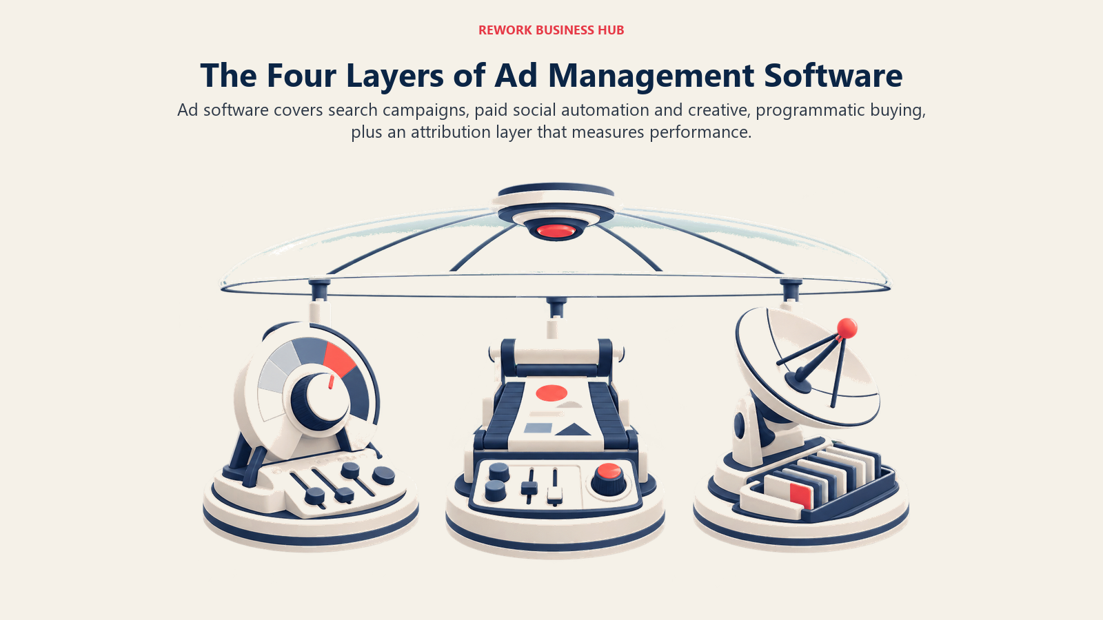 Four layers of ad management software showing search, paid social, programmatic buying, and attribution measurement