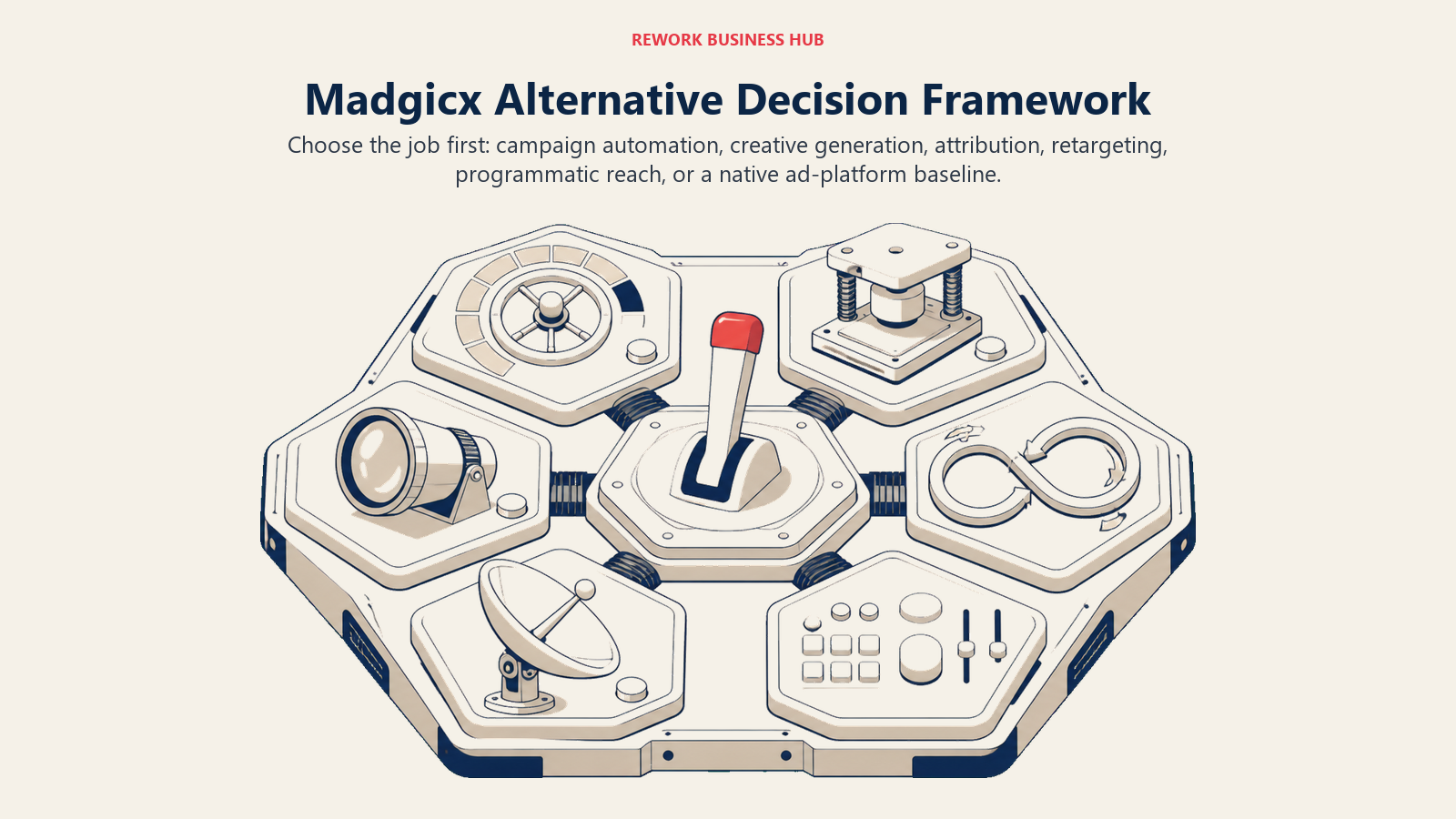 Madgicx alternative decision framework separating automation, creative, attribution, retargeting, programmatic, and native platform jobs