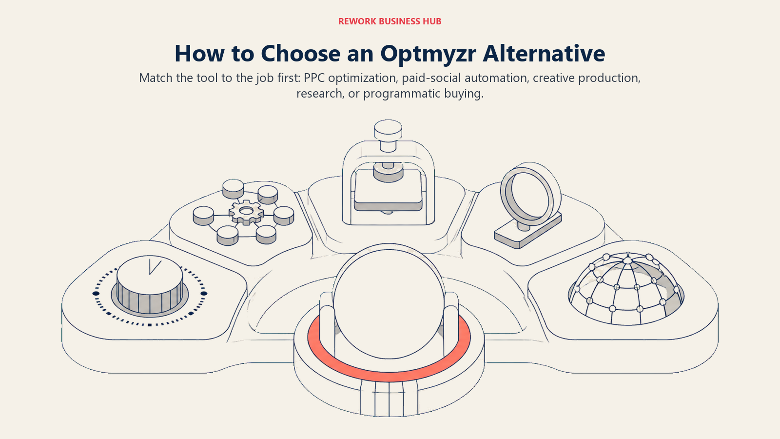 Advertising software decision landscape separating PPC optimization, paid-social creative, research, and programmatic buying