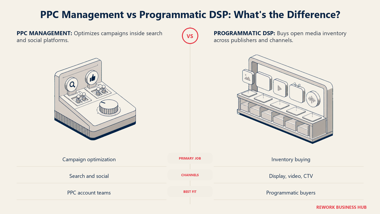 PPC management of owned search and social campaigns compared with programmatic buying across open media inventory