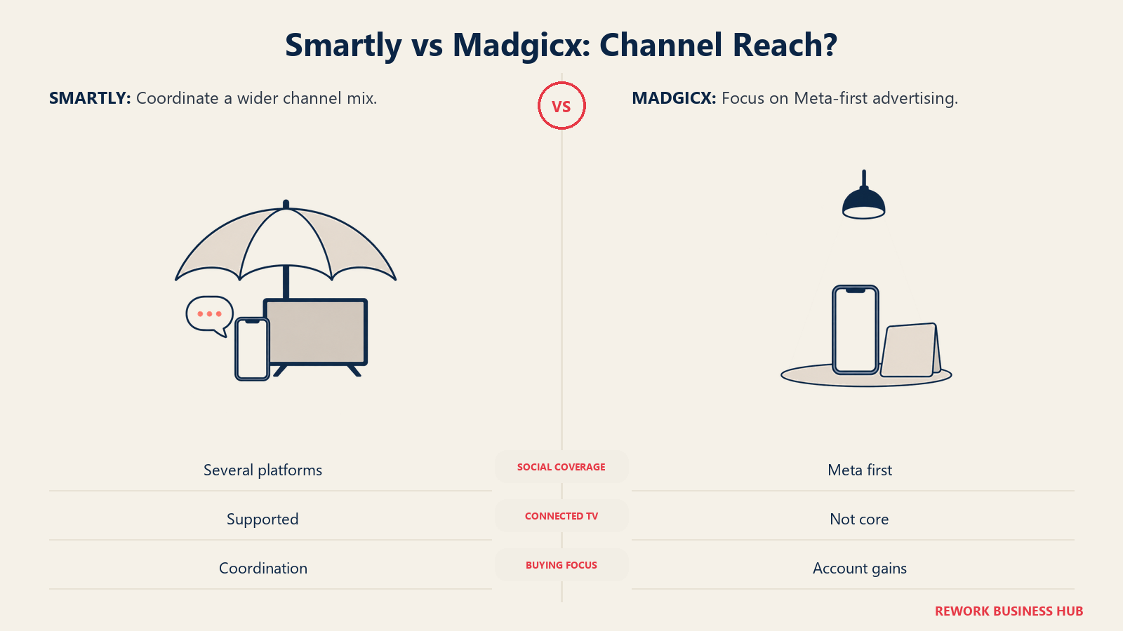 Smartly vs Madgicx: Channel Reach?: Smartly coordinates several channel types; Madgicx concentrates on Meta-first performance.