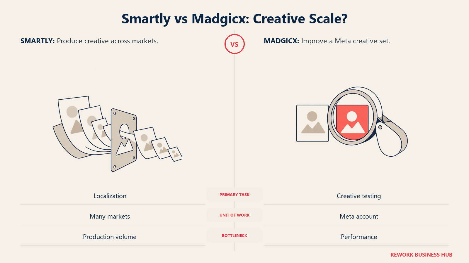 Smartly vs Madgicx: Creative Scale?: Smartly scales localized creative; Madgicx tests and improves creative for a Meta account.