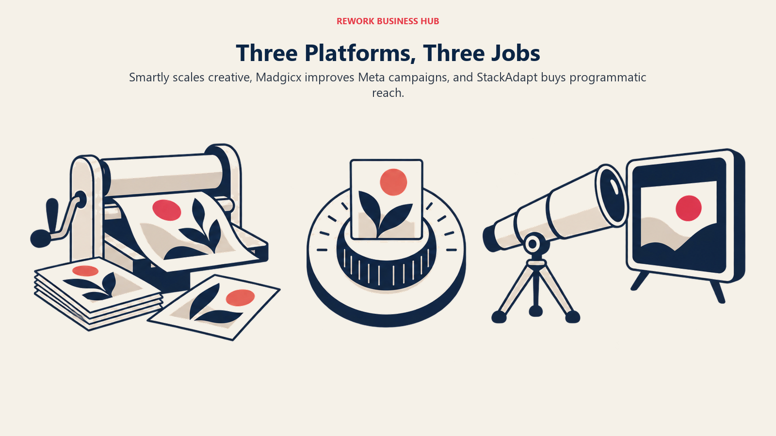 Three Platforms, Three Jobs: Smartly scales creative, Madgicx improves Meta campaigns, and StackAdapt buys programmatic reach.