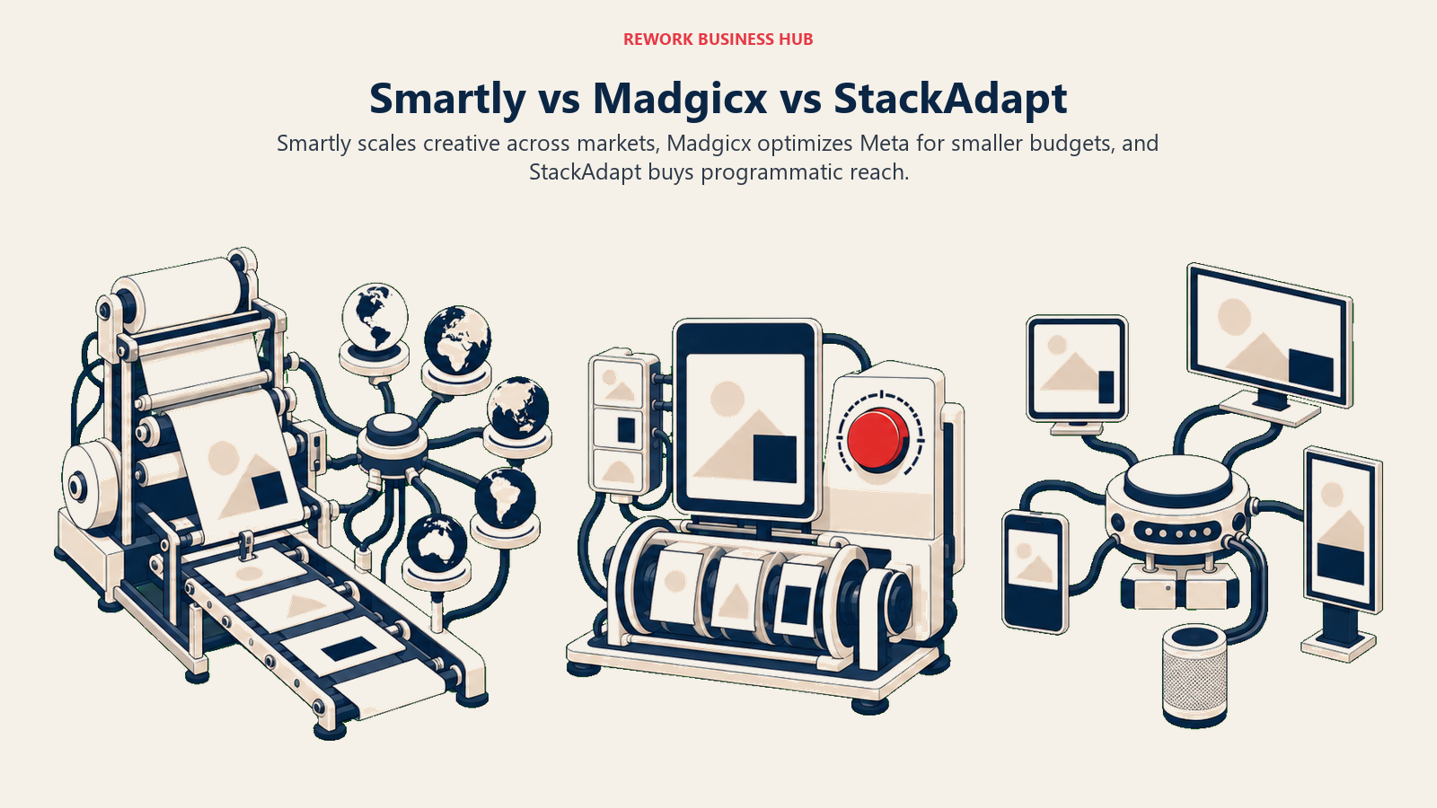 Smartly, Madgicx, and StackAdapt shown as three advertising engines for creative scale, Meta optimization, and programmatic reach