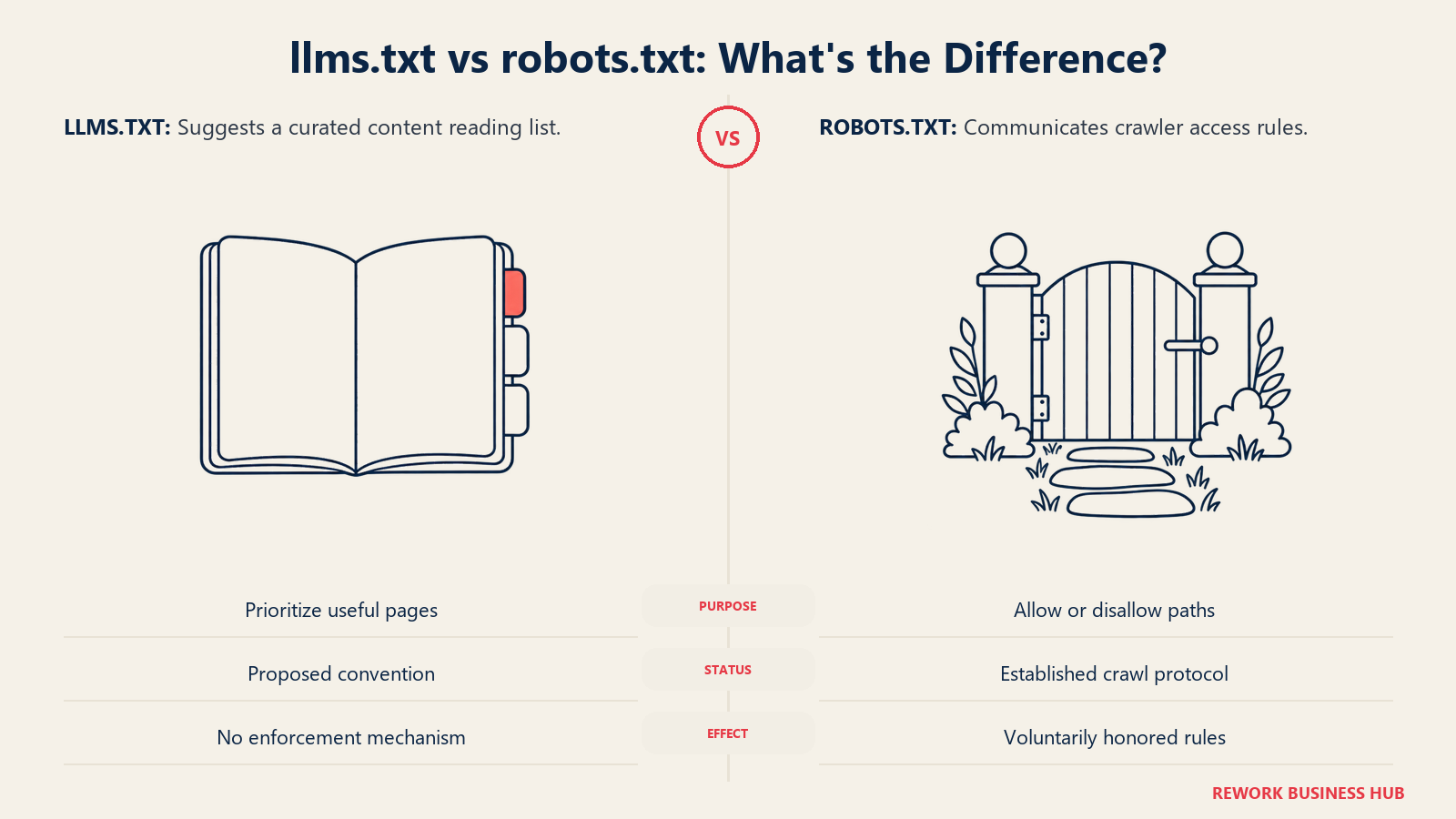 An open reading list and a separate access gate contrast llms.txt suggestions with robots.txt crawler rules.