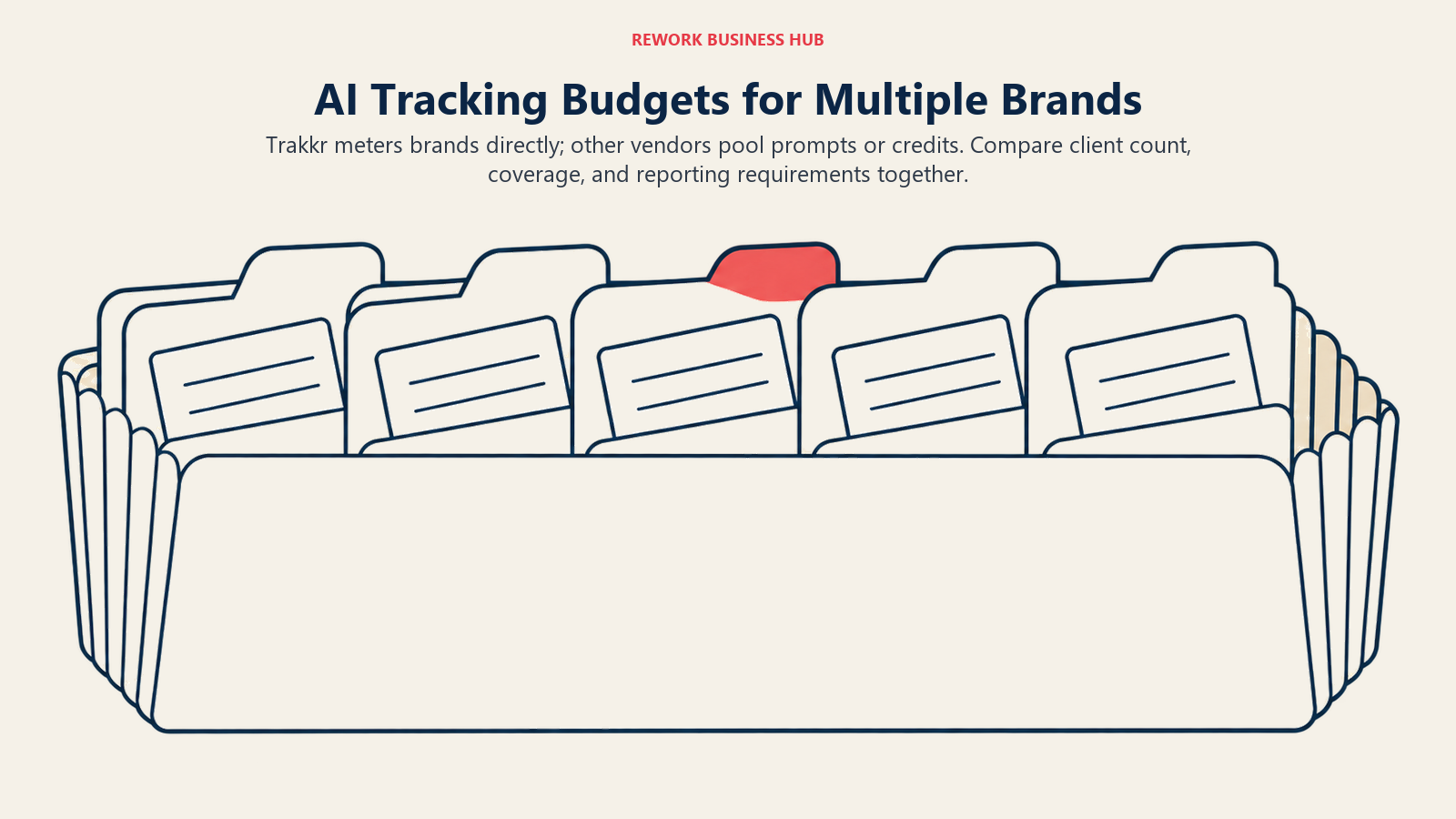 A divided file organizer illustrates monitoring and budgeting for multiple client brands.