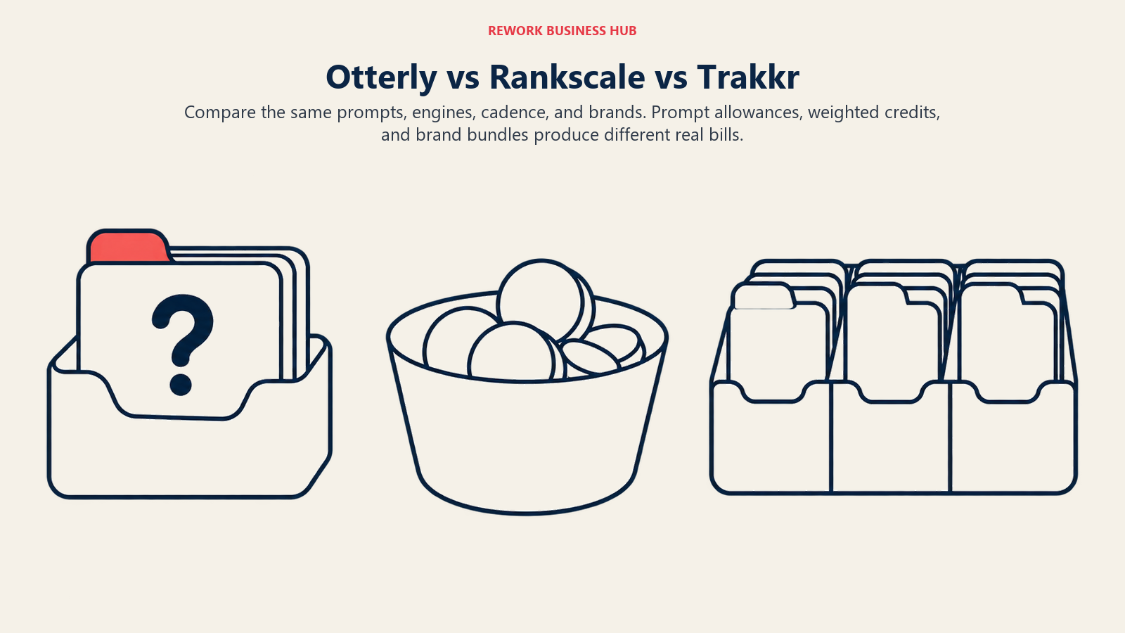 Separate prompt folders, credit tokens and brand files represent the different Otterly, Rankscale and Trakkr billing units.