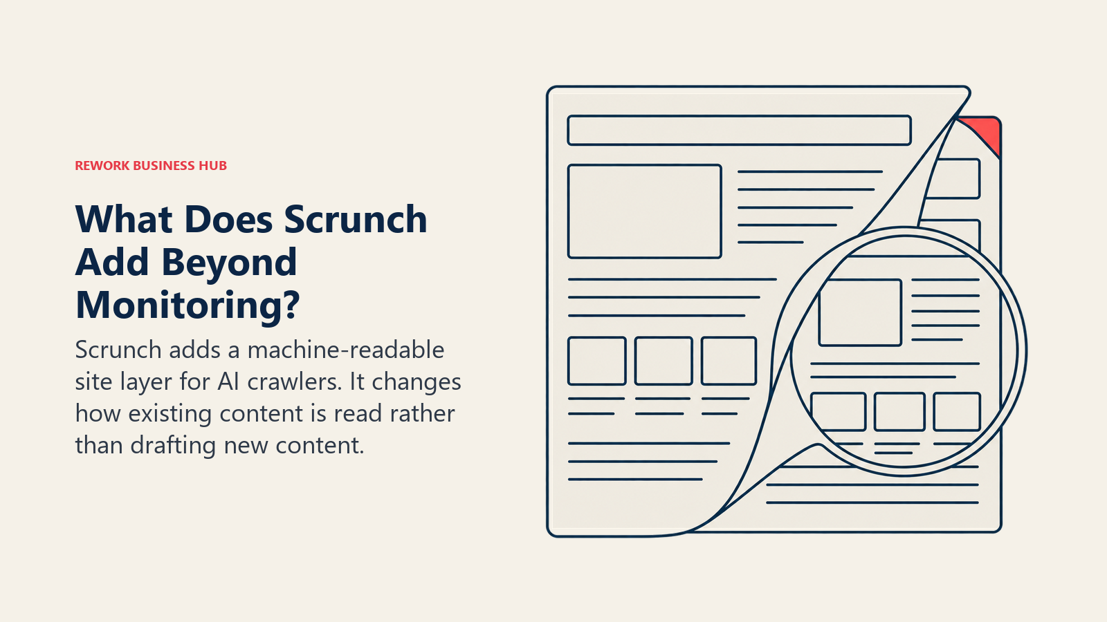 What Does Scrunch Add Beyond Monitoring? illustrated by folded page revealing readable layer.