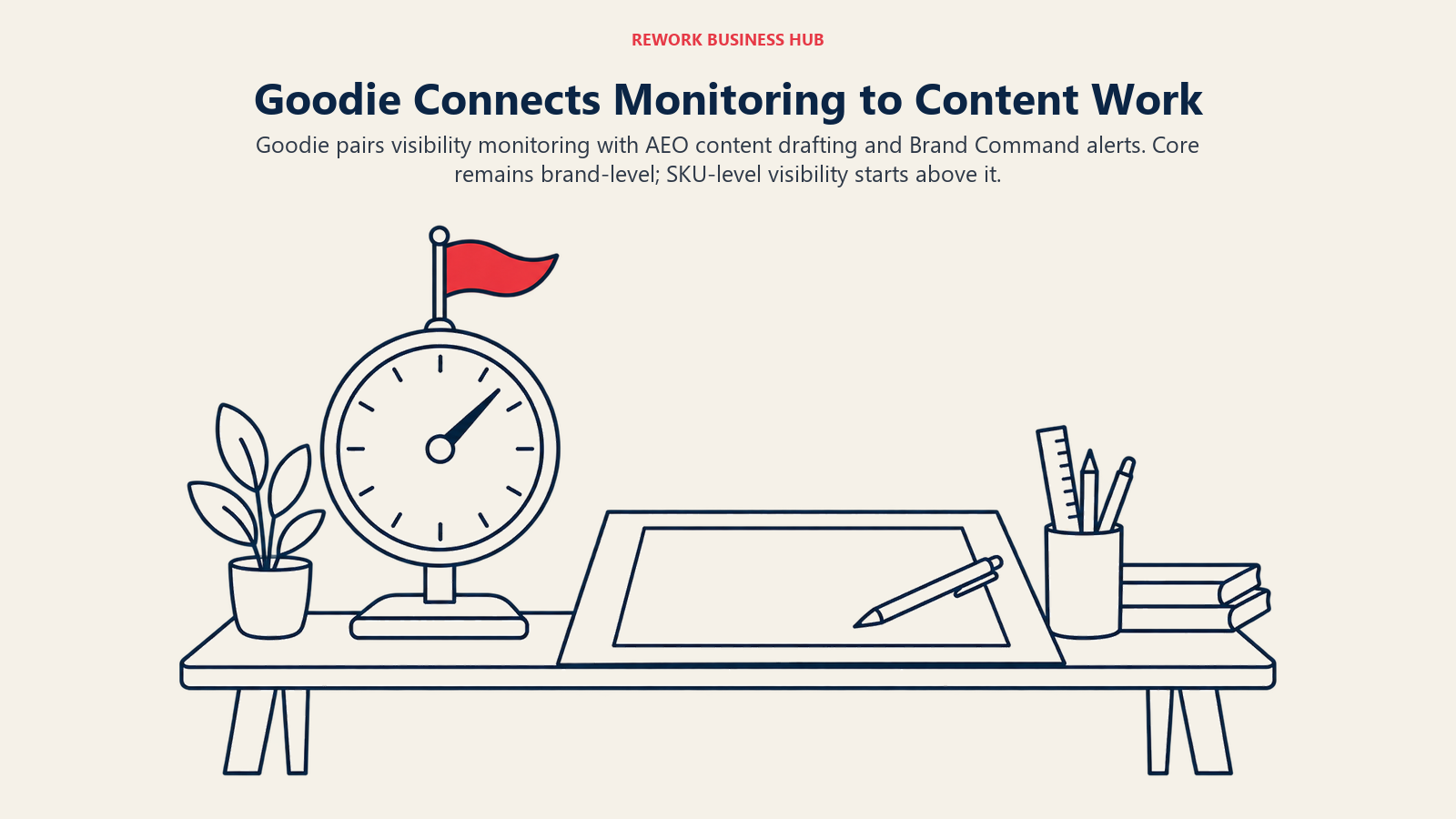 Goodie Connects Monitoring to Content Work illustrated by dial and drafting surface.