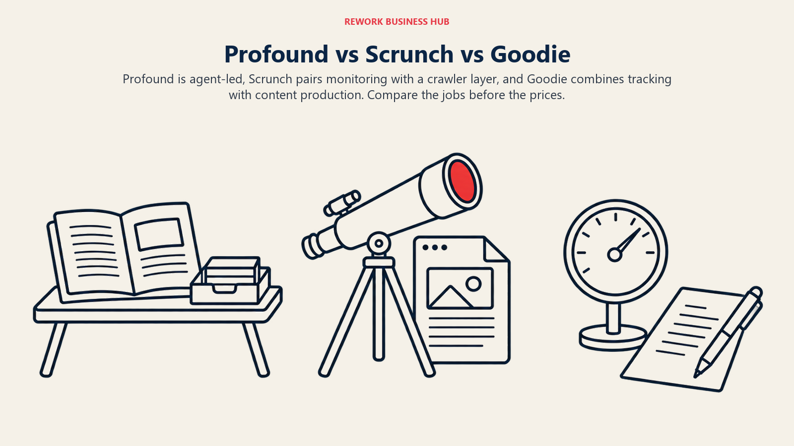 Profound vs Scrunch vs Goodie illustrated by three distinct objects unconnected.