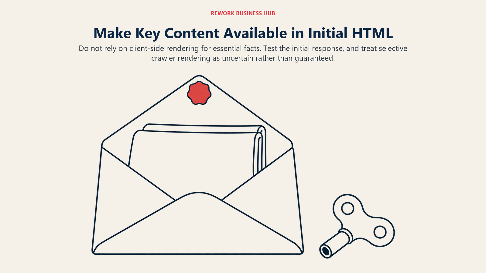 Make Key Content Available in Initial HTML illustrated by open envelope and unused key.