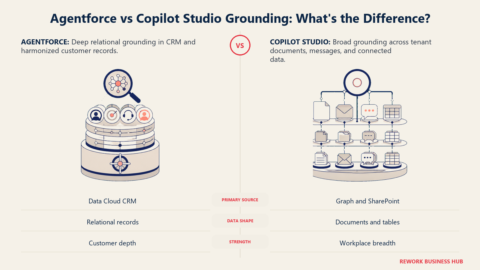 Agentforce versus Copilot Studio grounding comparison with a relational CRM record vault and a broad workplace knowledge library