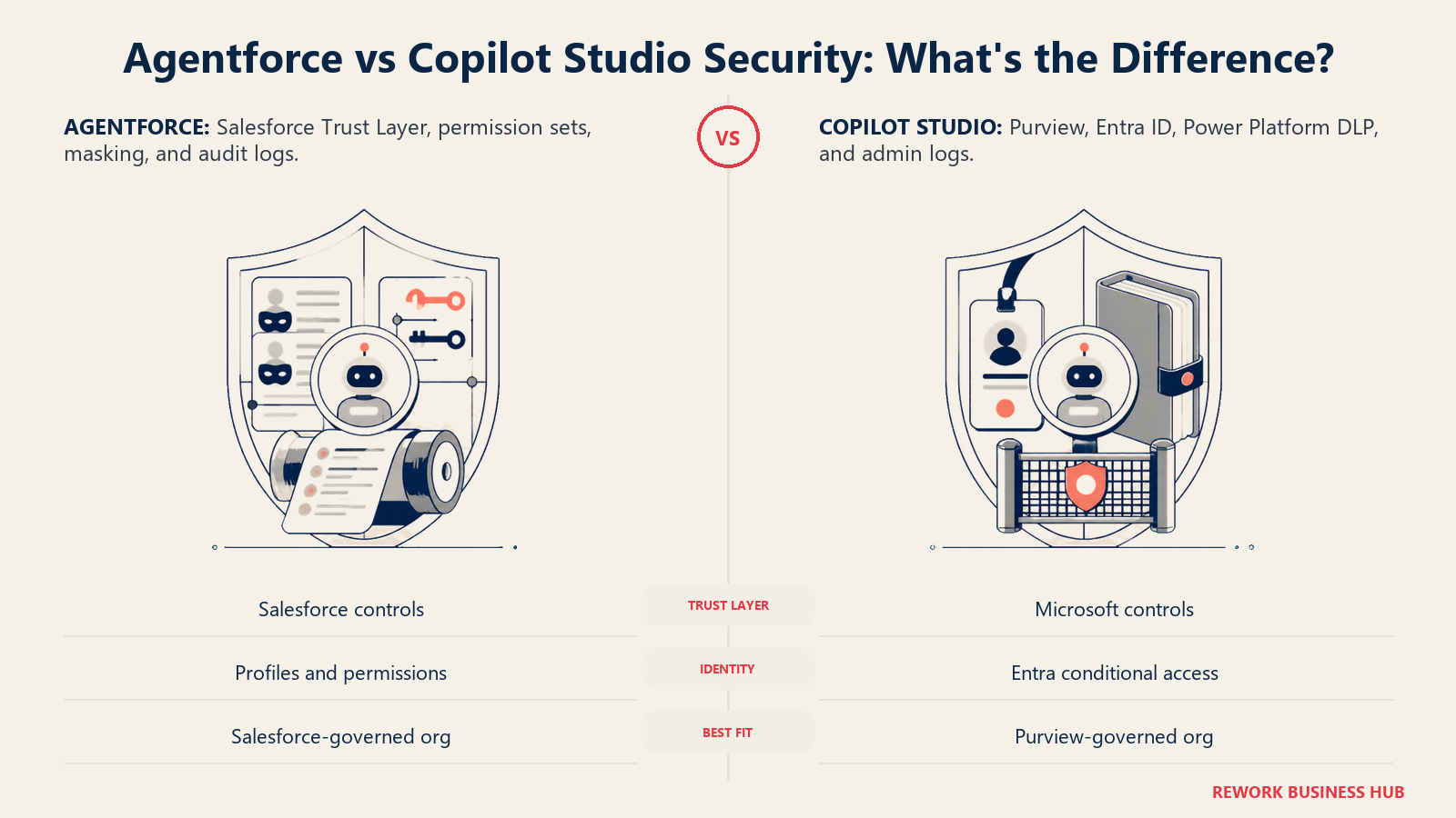 Agentforce versus Copilot Studio security comparison showing Salesforce Trust Layer and Microsoft Purview, Entra ID, and DLP controls