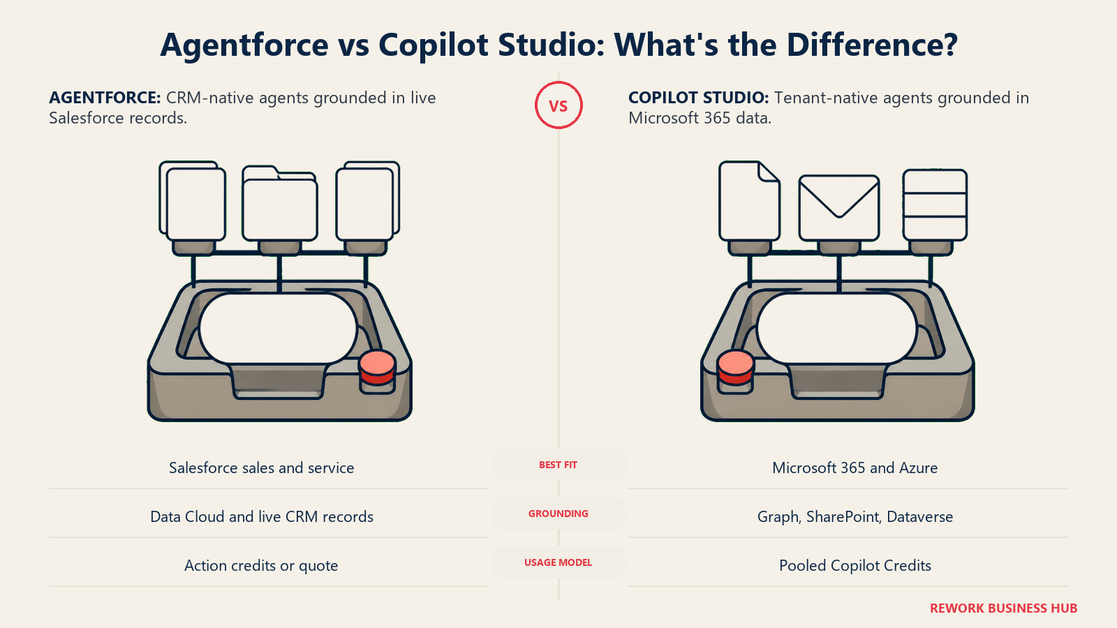 Agentforce vs Copilot Studio comparison showing matched AI agent docks grounded in CRM records and Microsoft 365 data