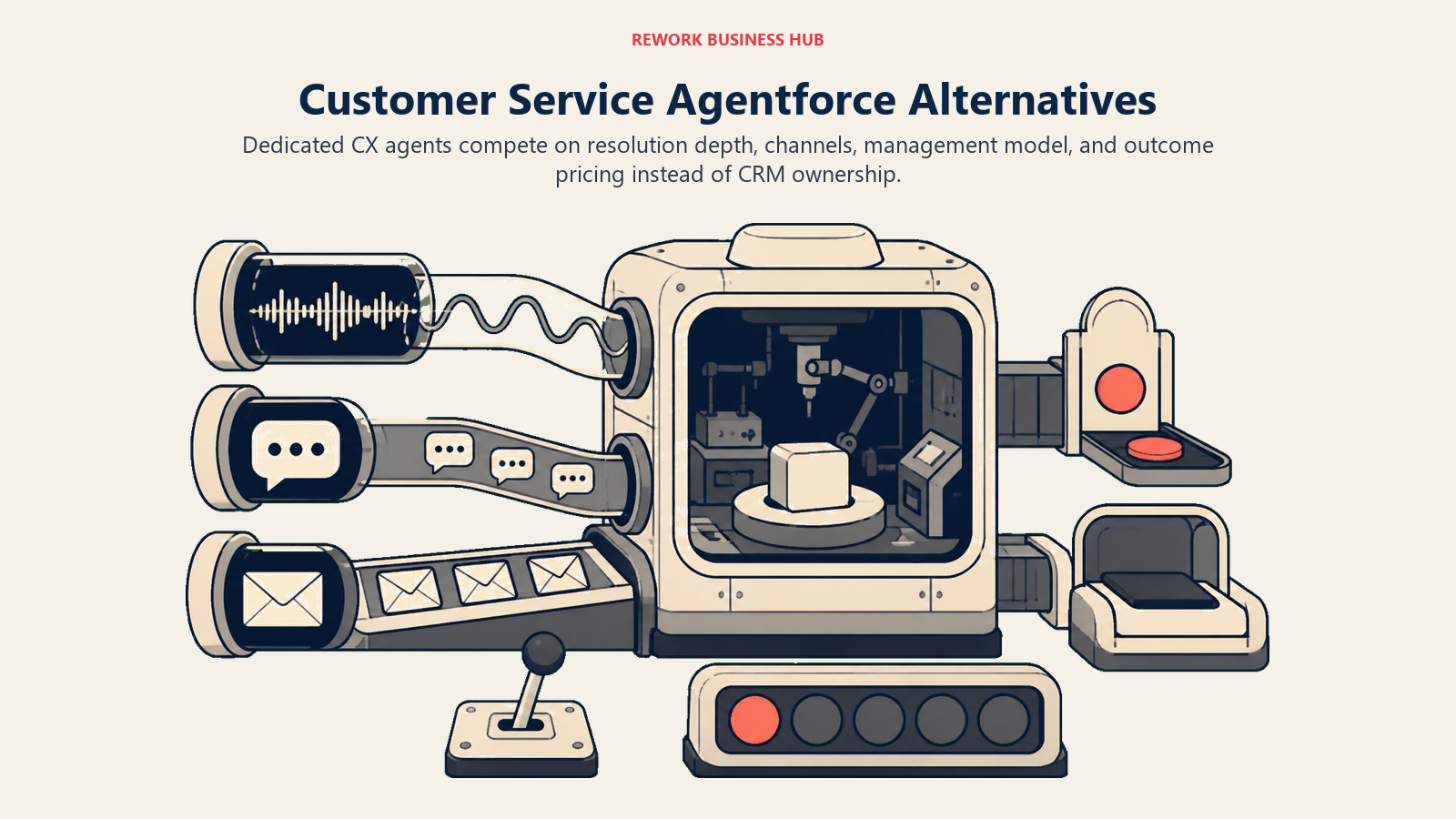 Customer service Agentforce alternatives represented by a multi-channel resolution dock with resolved and escalated outcome gates