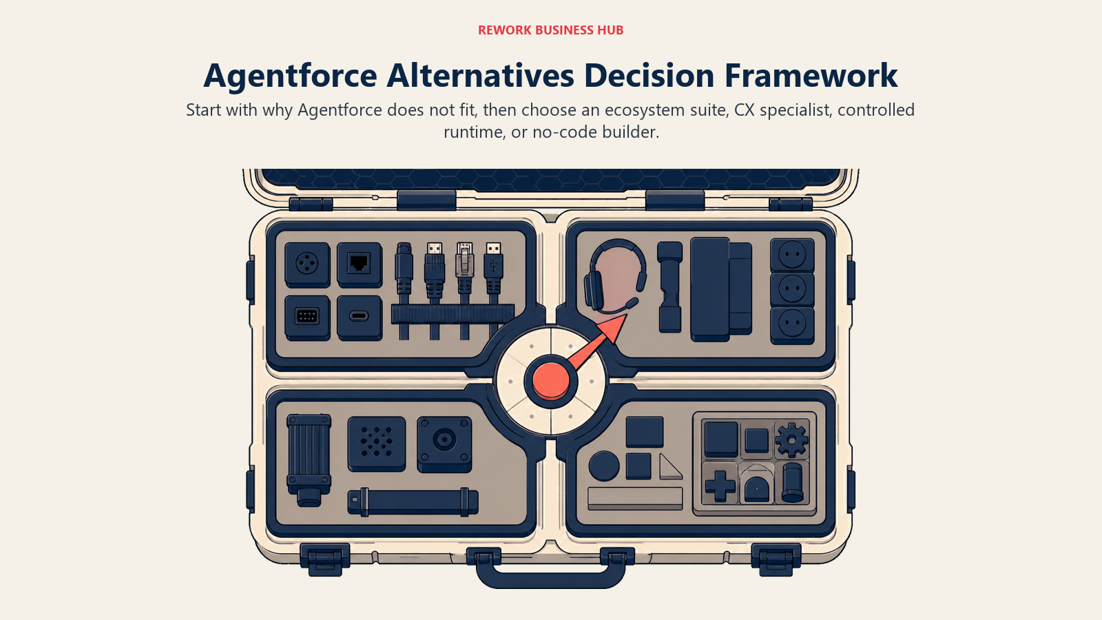 Agentforce alternatives decision framework shown as an open diagnostic field case with ecosystem, CX, runtime, and no-code bays
