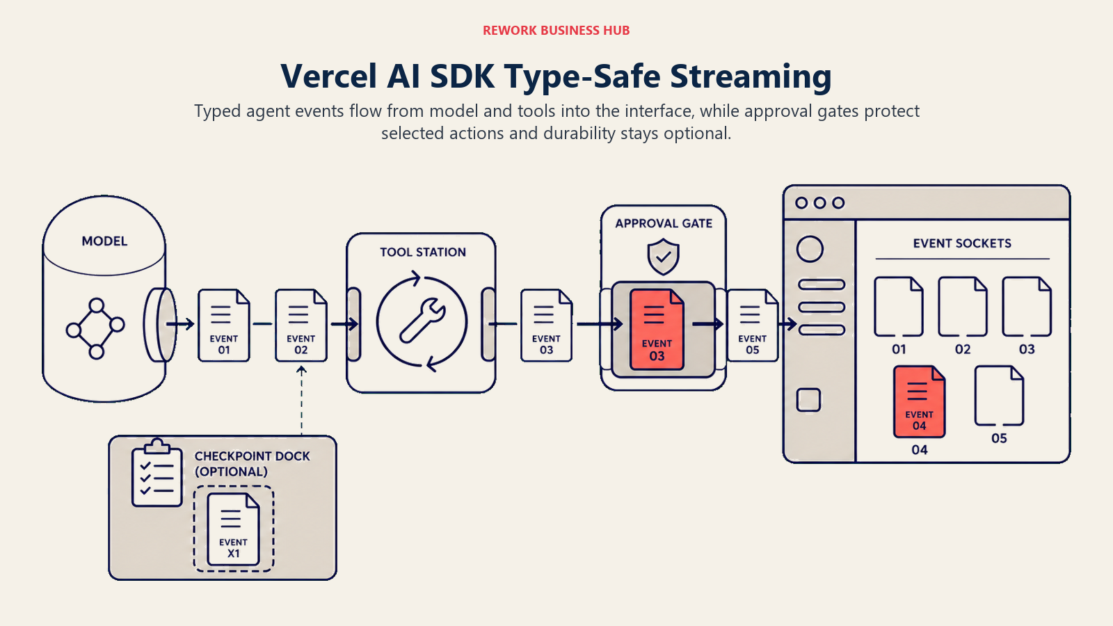 Vercel AI SDK type-safe streaming shown as typed event packets moving from model through tools and approval to a web interface