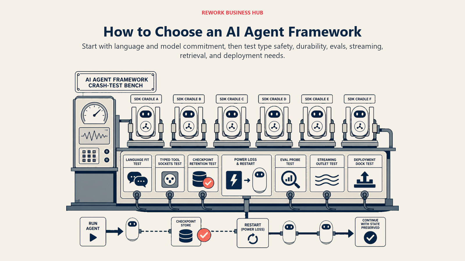AI agent framework decision guide shown as SDK cradles tested for language, safety, durability, evals, and deployment